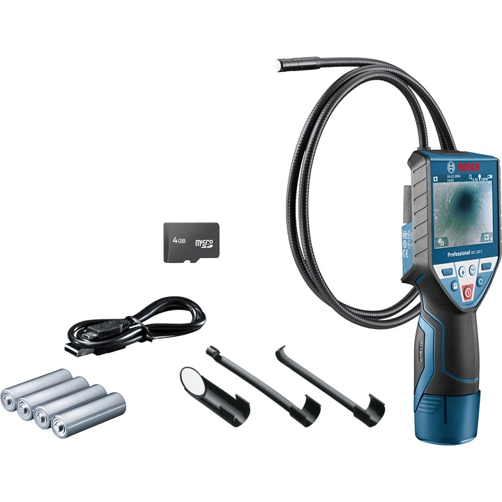 Камера за инспектиране Bosch Professional GIC 120 C, 12 V, Размер на дисплея 3.5", 320x240 px, Дължина на кабела на камерата 120 см, 3-степенно LED осветление, Включени аксесоари