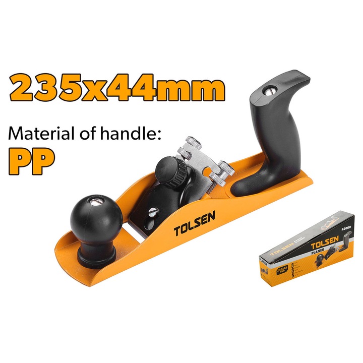 Rindea manuala pentru lemn TOLSEN 235x45mm, corp robust, maner ergonomic din PP, ideala pentru rindeluire si finisare suprafete din lemn in ateliere si lucrari de tamplarie