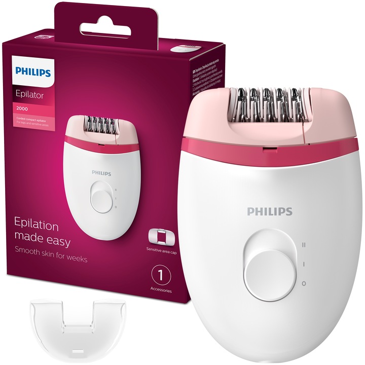 Philips BRE235/00 Satinelle Essential vezetékes kompakt epilátor, + 4 tartozék, Fehér/Rózsaszín