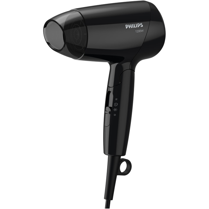 Сешоар Philips EssentialCare BHC010/10, 1200 W, 3 нива на температурата, Сгъваема дръжка, Черен