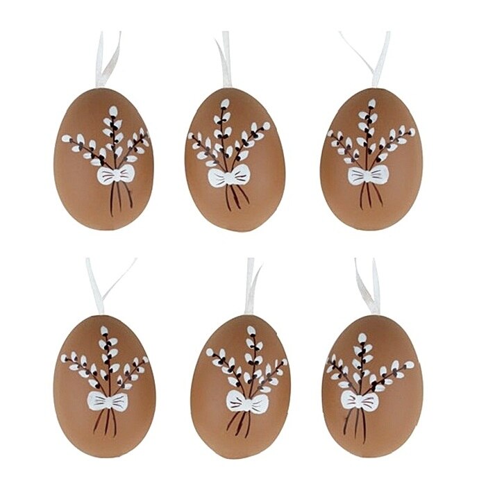 Set 6 oua de culoare maro din plastic de Pasti - cu motive florale, 6 cm