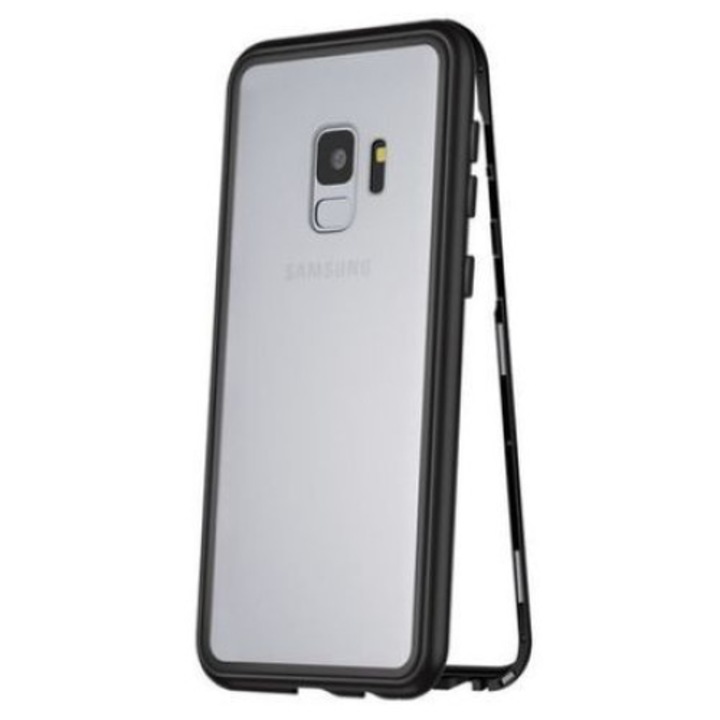 Защитен капак за Samsung Galaxy S7 Edge, Магнитен, Черен, с премиум защитен стъклен гръб