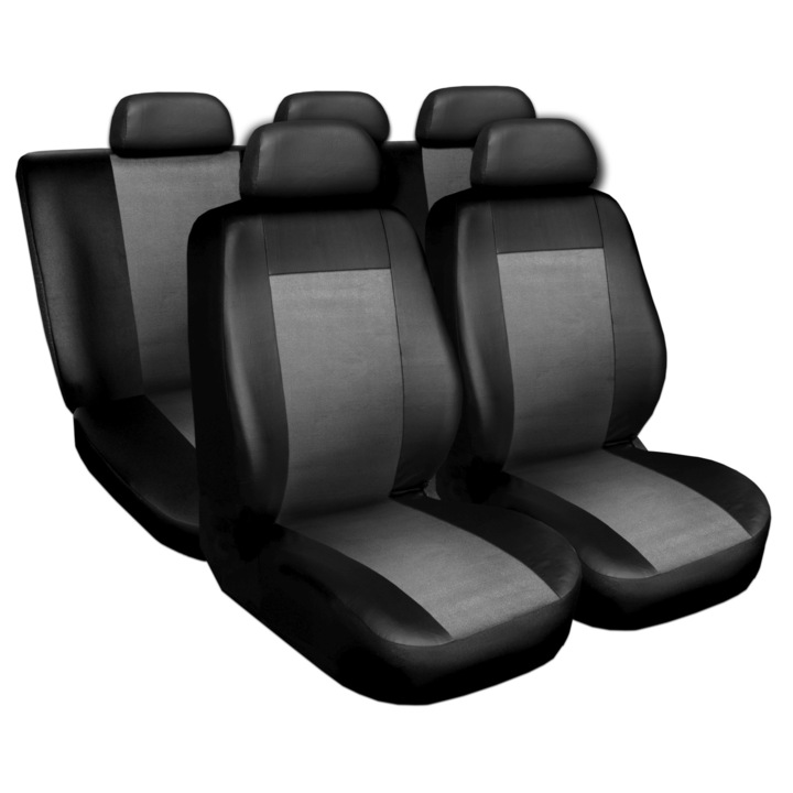 Set huse auto universale , 9 bucati , din gama superior , confectionate din imitatie de piele pe partea laterala si imitatie de piele intoarsa pe partea centrala , de culoare negru cu gri