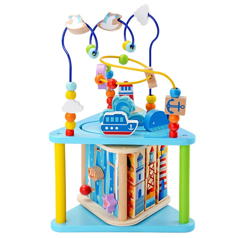 Jucarie din lemn cu activitati si spirala cu bile