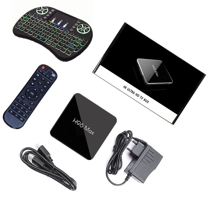 Мултимедиен плеър Mini PC TV Box, H96 MAX X2, 4K, Quad-Core, 4 GB RAM, 32 GB, WiFi dual band 2.4/5 GHz, Bluetooth, USB 3, HDMI, Android 8.1, 7-цветна безжична клавиатура с подсветка, Приложения за телевизия, Филми