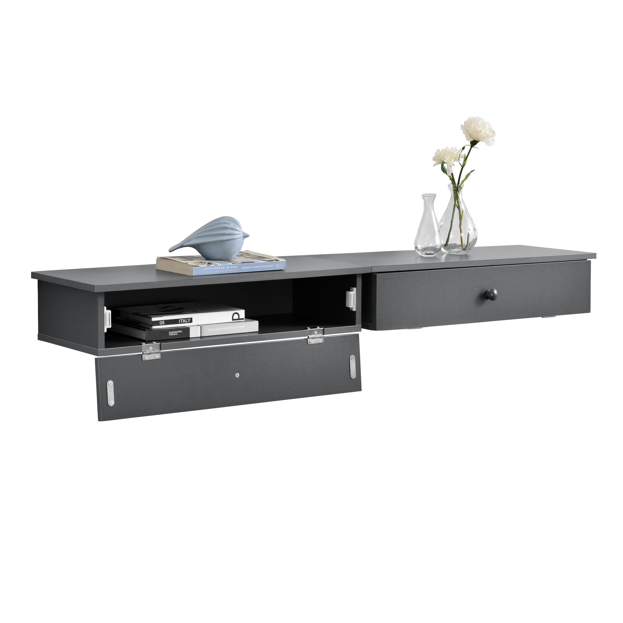 Set 2 bucati raft de perete Infinity2 cu compartiment pentru depozitare , en.casa, 50,6 x 26 x 12,6 cm, PAL, gri inchis