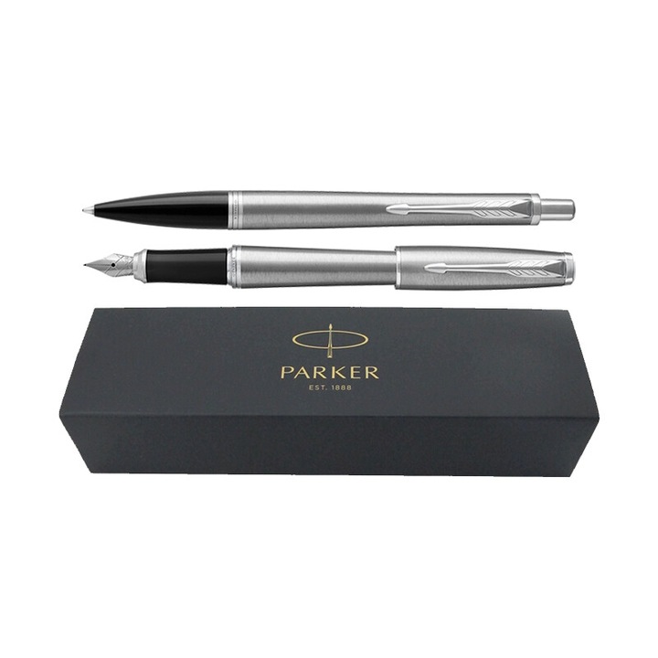 Set pix+stilou Parker Urban Royal argintiu satinat cu accesorii cromate