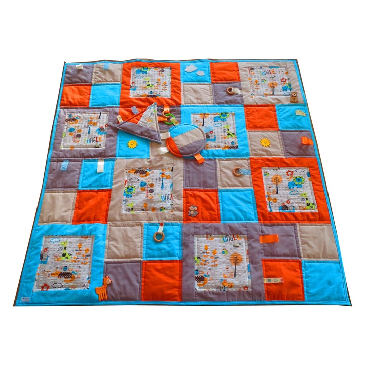 Covoras de joaca patchwork, Multicolor, 1 jucarie textil, 120 cm x 120cm