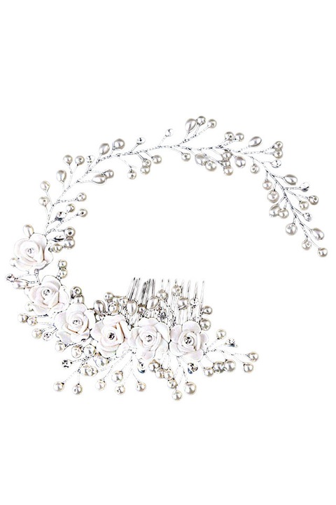 Pieptene De par pentru mireasa, flori ceramice, perle si fir lung, Argintiu