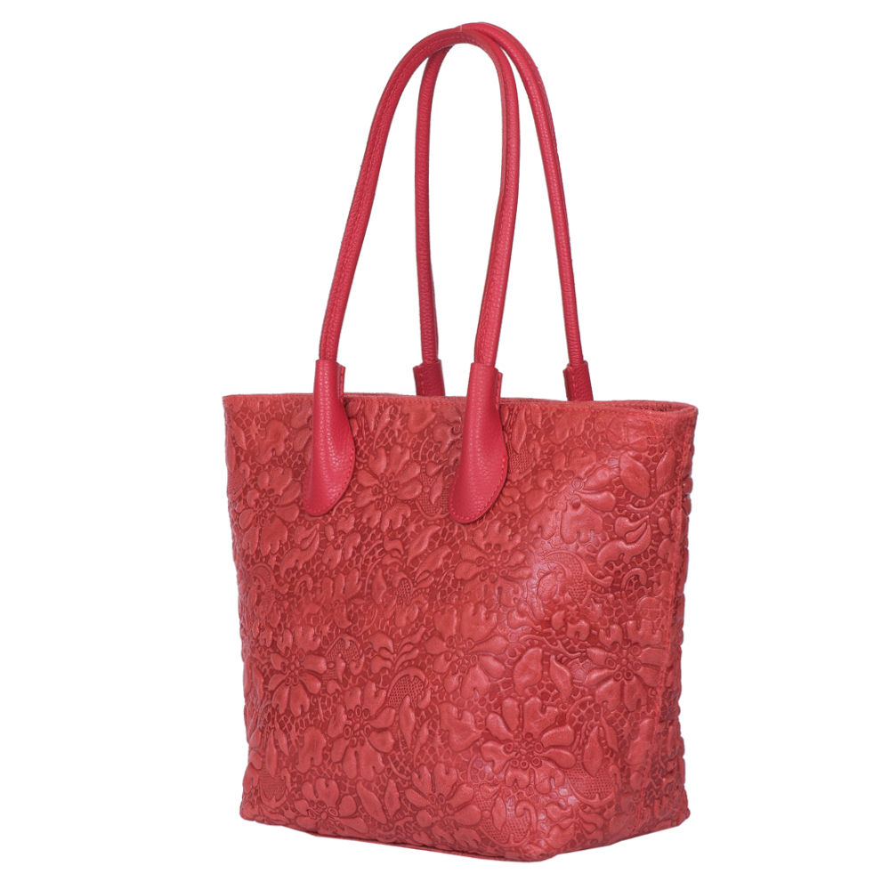 Geanta din piele naturala cu model floral Chloe rosie
