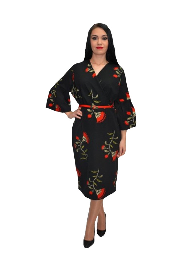 Rochie eleganta cu imprimeu, floral, D&J Exclusive, Neagra