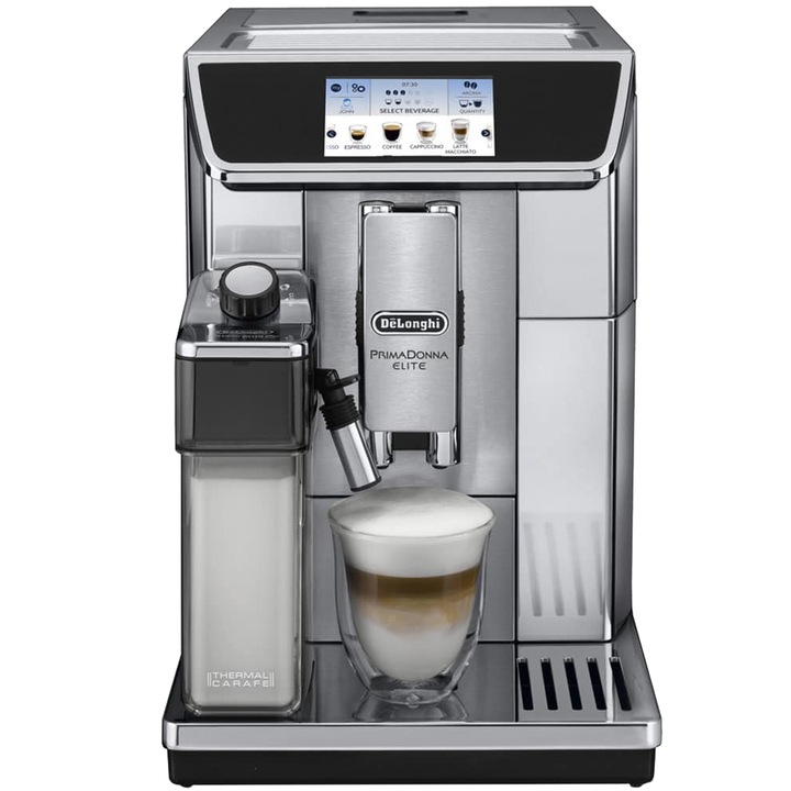 De'Longhi Primadonna Elite ECAM 650.75 automata eszpresszógép, MS, tejeskancsó, LatteCream, 13 készletes daráló, Coffee Link App, 1450 W, 15 bar, ezüst