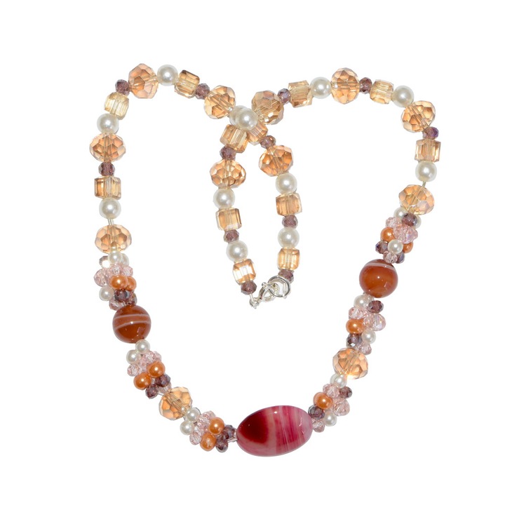 Colier dama argint ,handmade,la baza gatului ,perle si cristale,Bijuterii Uniq,galben,46 cm