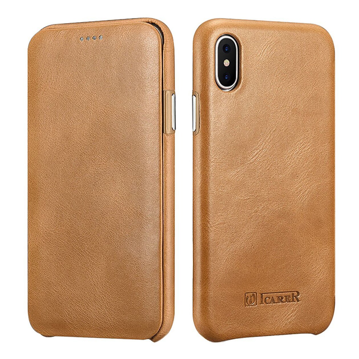 Husa iPhone XS Max, iCarer Vintage Curved, din piele, tip carte cu clapeta curbata, culoare Maro camel
