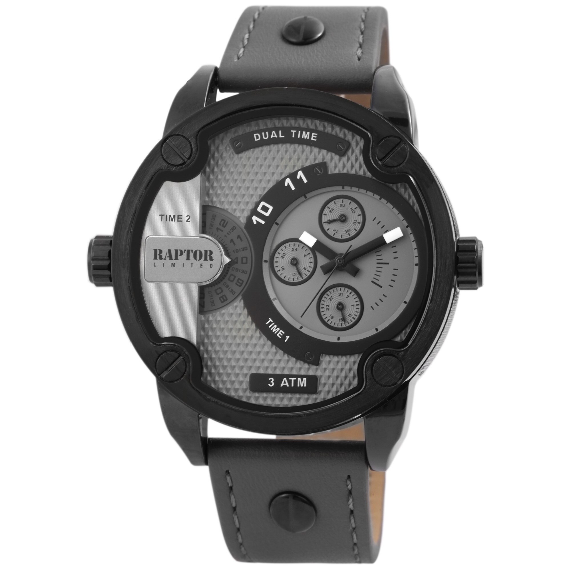 Ceas barbatesc, Raptor, dual time, calendograf, bicolor, curea gri, 51mm