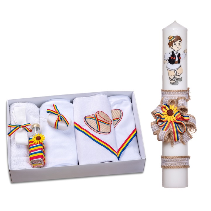 Set trusou botez si lumanare baietel decorate traditional si prosop personalizat, 9 piese Creativ476