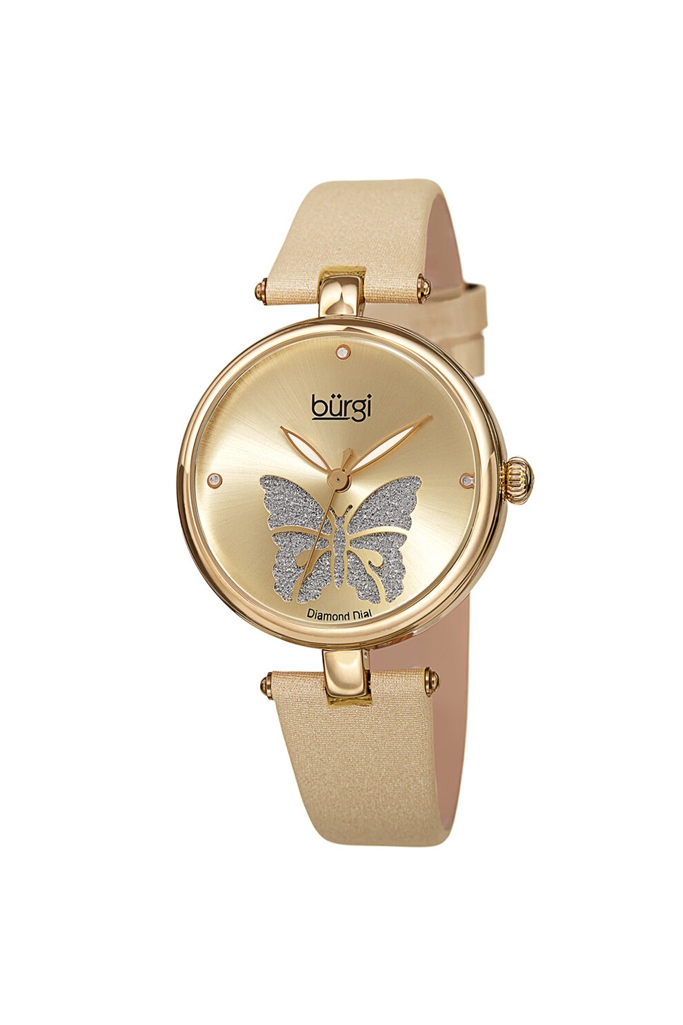 Burgi, Ceas analog cu o curea de piele cu invelis de satin si decorat cu 3 diamante, Bej/Auriu