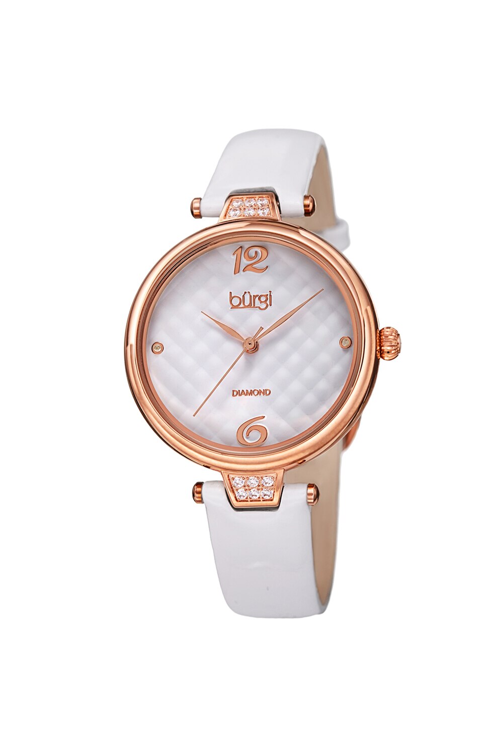 BURGI, Ceas cu o curea de piele lacuita si segmente de sustinere curea decorate cu cristale, Auriu rose