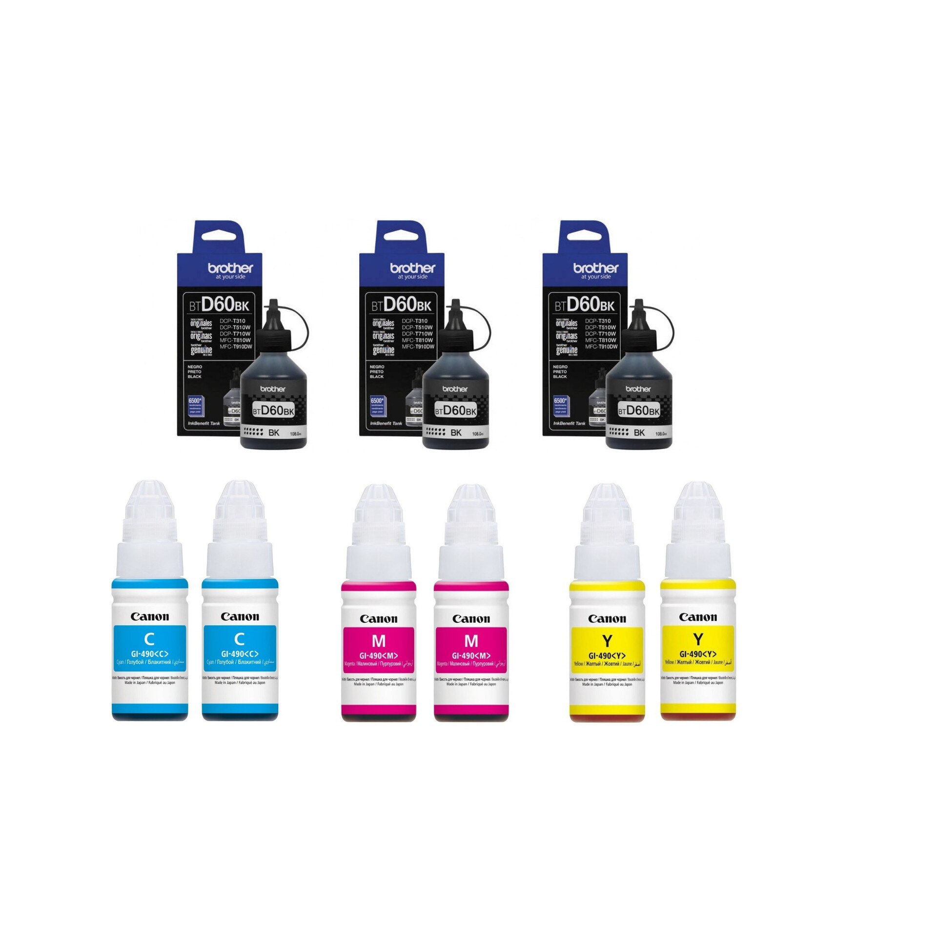 Pachet flacon refill cerneala BTD60BK x 3 negru BT5000 x 2 cyan, x 2 magenta, x 2 galben Brother original 43000 pagini