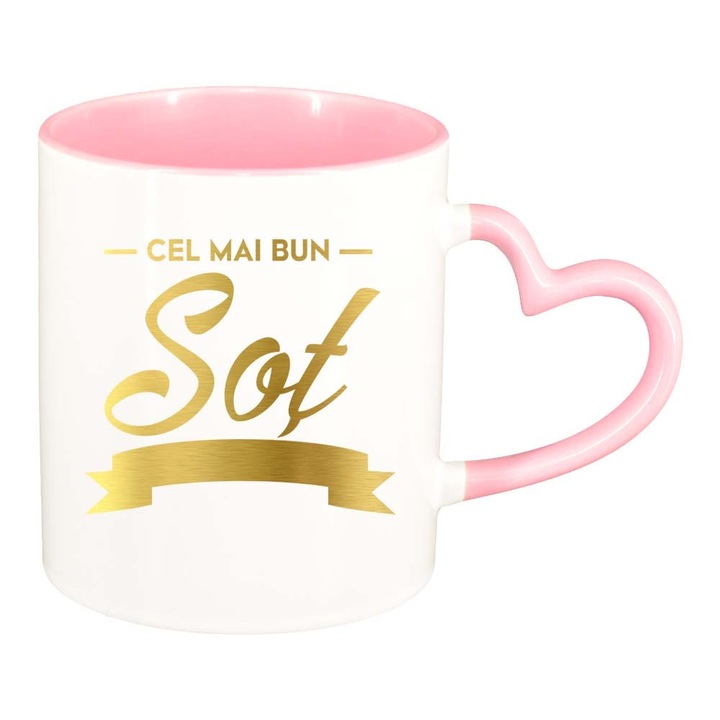 Cana "Cel mai... Sot", interior roz, maner inima, 330ml, D797