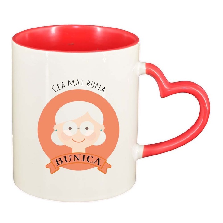Cana "Cea mai... Bunica", interior rosu, maner inima, 330ml, D791