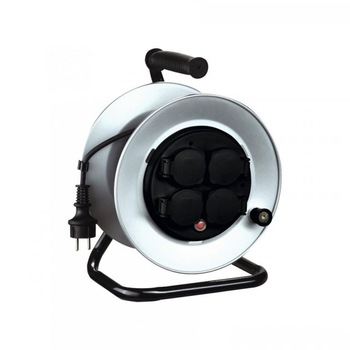 Prelungitor rola tambur, 4 prize, 250V, protectie supraincalzire, cadru metalic, 25 m Prelungitor rola tambur, 4 prize, 250V, protectie supraincalzire, cadru metalic, 25 m