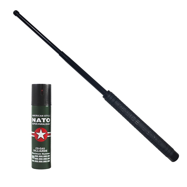 Baston telescopic Police 50 cm, negru, cadou spray NATO 60 ml