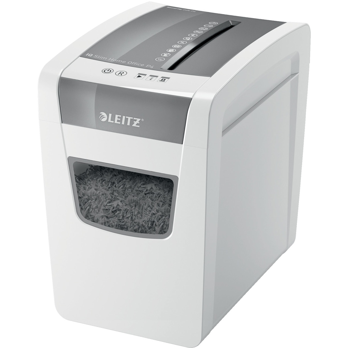 Distrugator documente manual Leitz IQ Home Office Slim, P4, cross-cut (confeti), 10 coli, cos 23l, silentios, alb