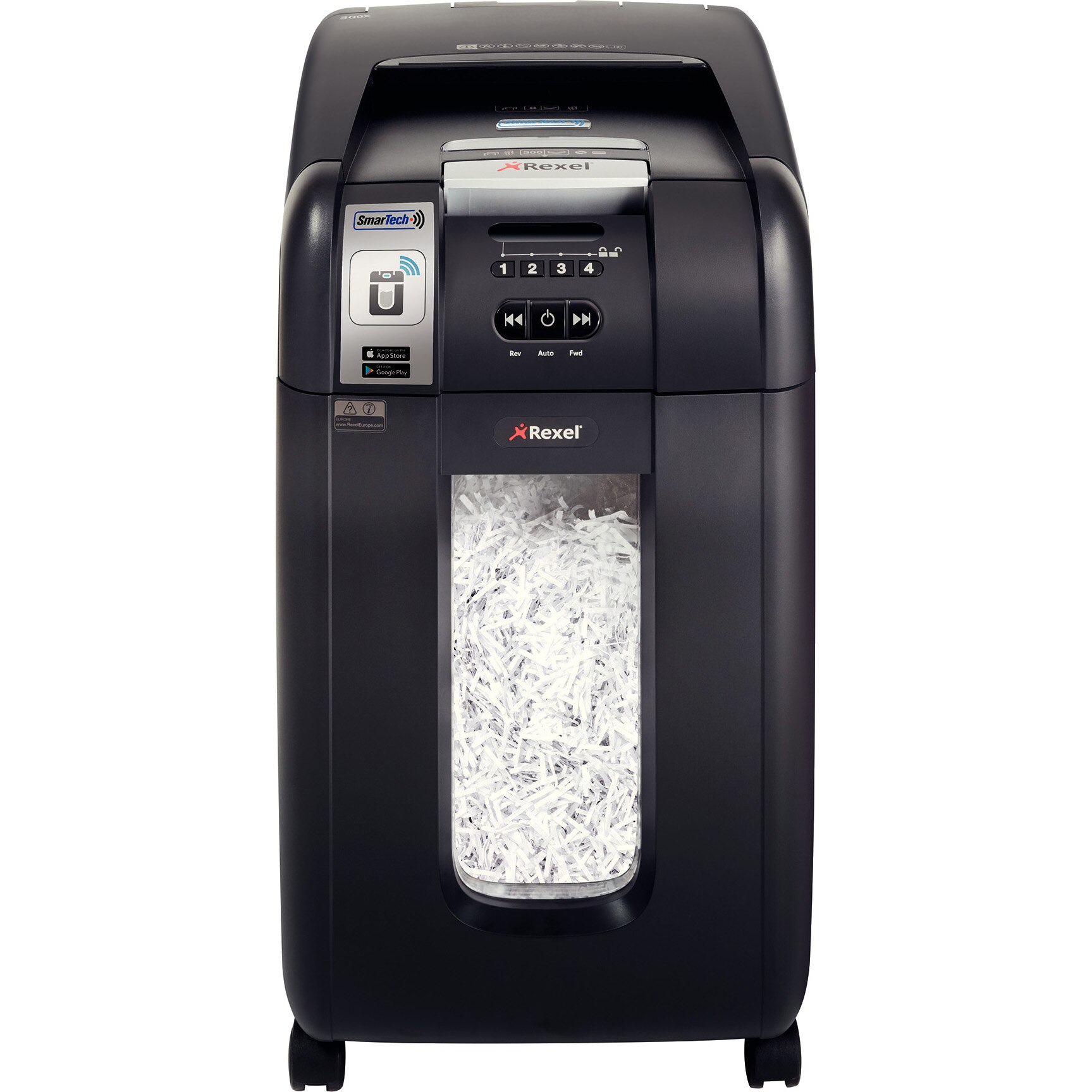 Distrugator documente automat REXEL AUTO+ 300X SmarTech, P4, cross-cut (confeti), 300 coli, cos 40l, negru