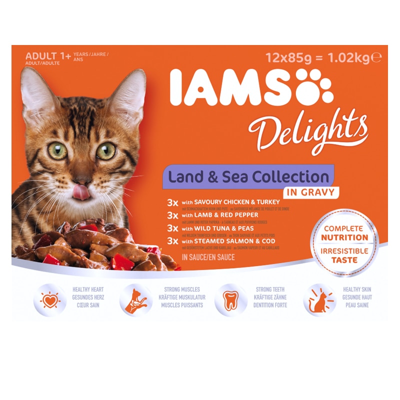 Hrana umeda pentru pisici IAMS Delights Land & Sea, in Sos, 12x85g