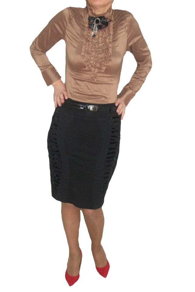 Fusta rafinata cu dungi negre si centura, D&J Exclusive,, Negru