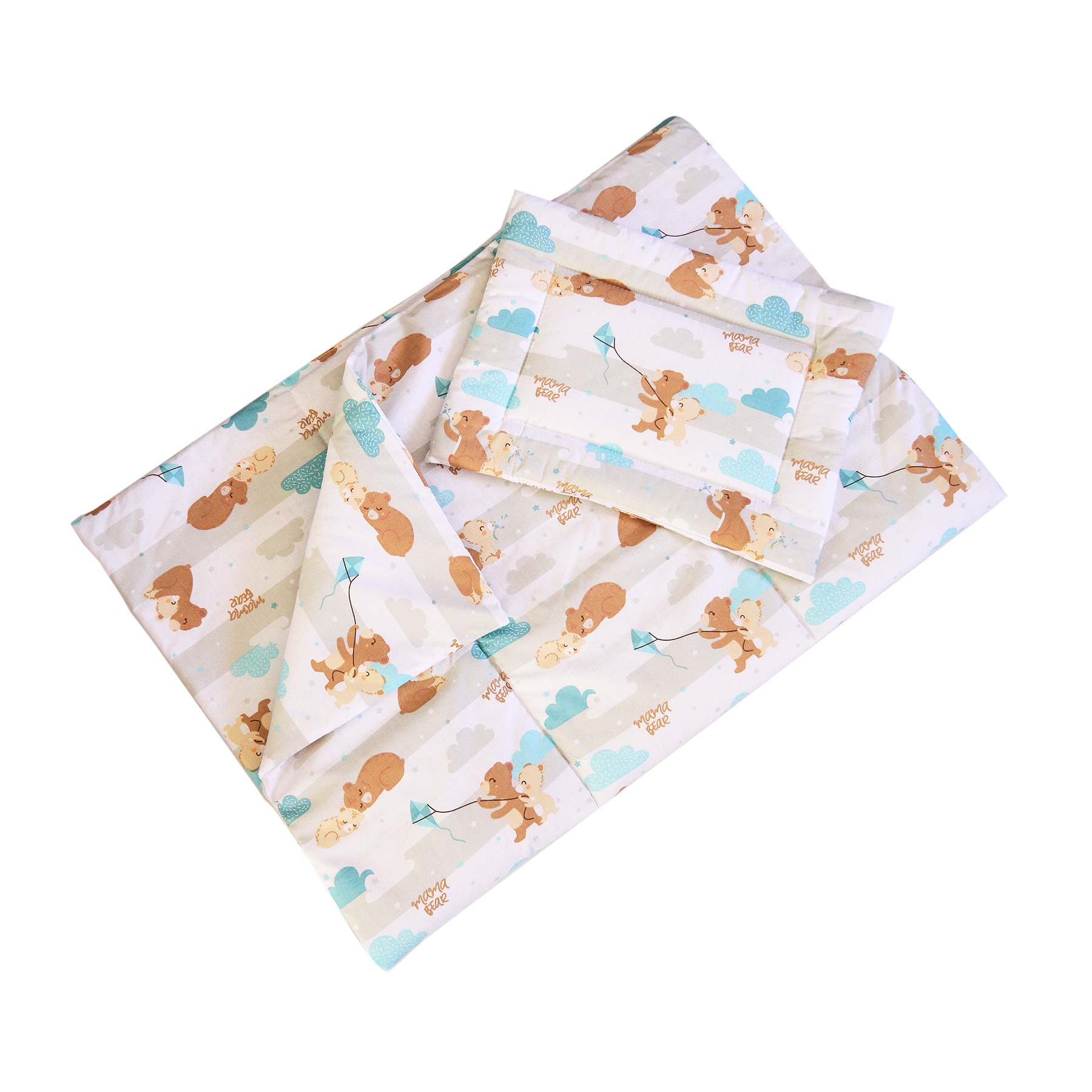 Set 2 piese, plapuma si pernita, Mama Bear, turcoaz, 120x60 cm