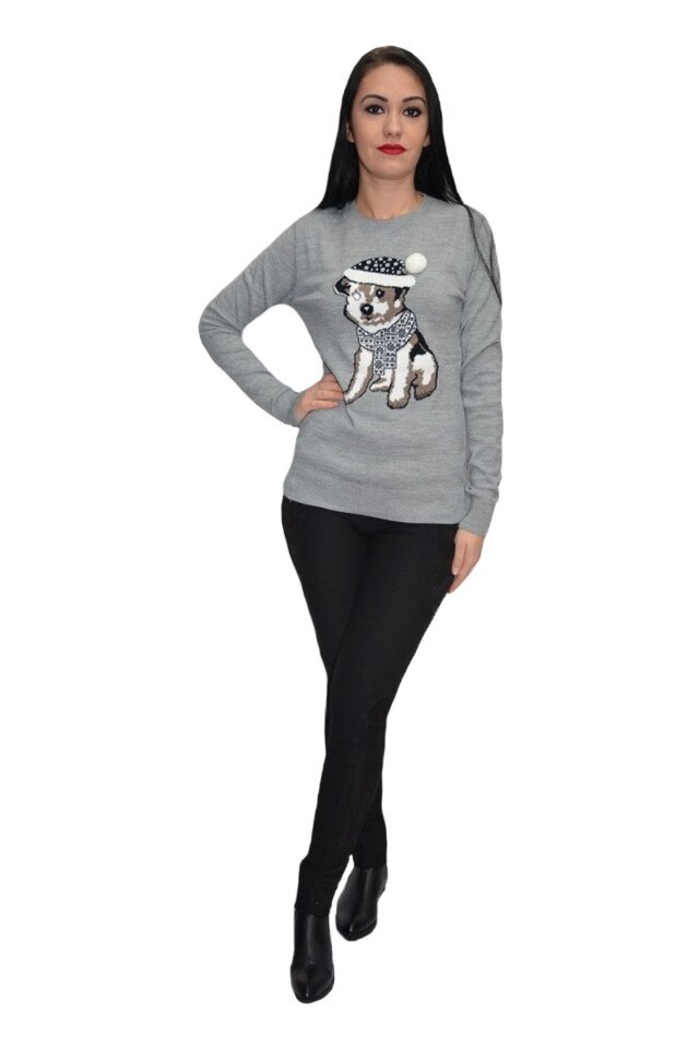 Bluza tricotata,cu imprimeu doggy,D&J Exclusive, Gri