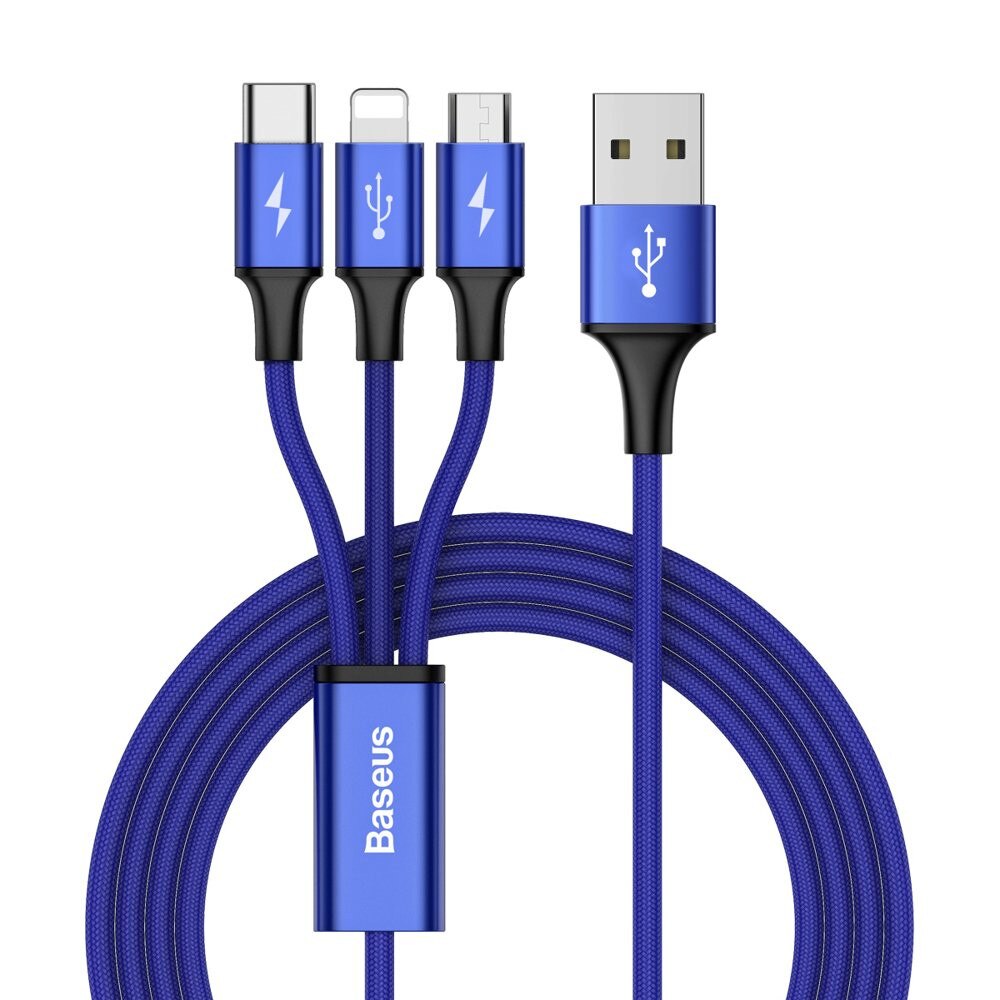 Cablu pentru incarcare pentru toate tipurile de dispozitive, Baseus Rapid USB, cu mufe Micro-USB, USB-C, Lightning, 3A, 1,2M, albastru
