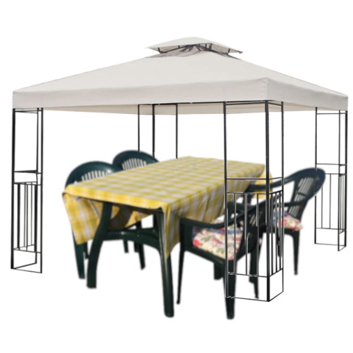 Culinaro 3x3m sátor kerti udvarra acélváz tető bézs terített asztal szett asztal 4 székkel, 4 párnával, terítő