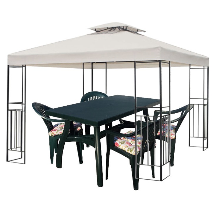 Culinaro 3x3m sátor kerti udvarra acélváz tető bézs szett asztal 4 székkel, 4 párna