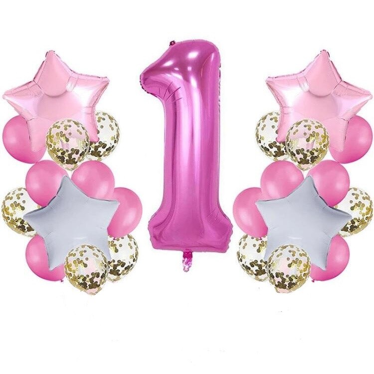 Buchet de 25 Baloane Folie, Latex 12 inchi, Latex cu confetti 10 inchi, Culoare Roz/Alb