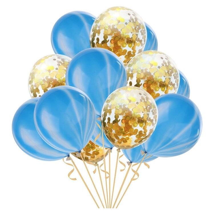 Buchet de 15 Baloane Latex Curcubeu 12 inchi, Latex confetti 10 inchi plus Rabant, Albastru