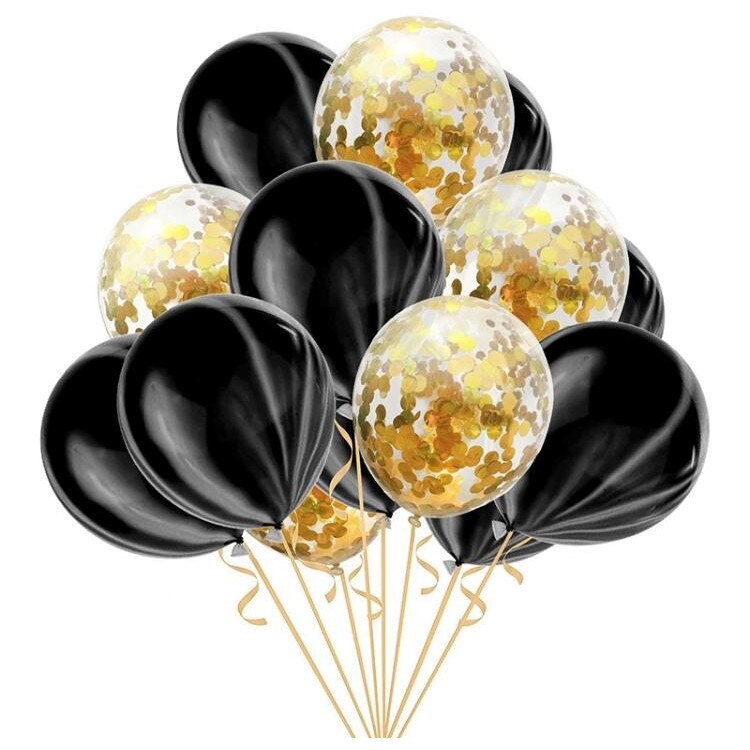 Buchet de 15 Baloane Latex Curcubeu 12 inchi, Latex confetti 10 inchi plus Rabant, Negru
