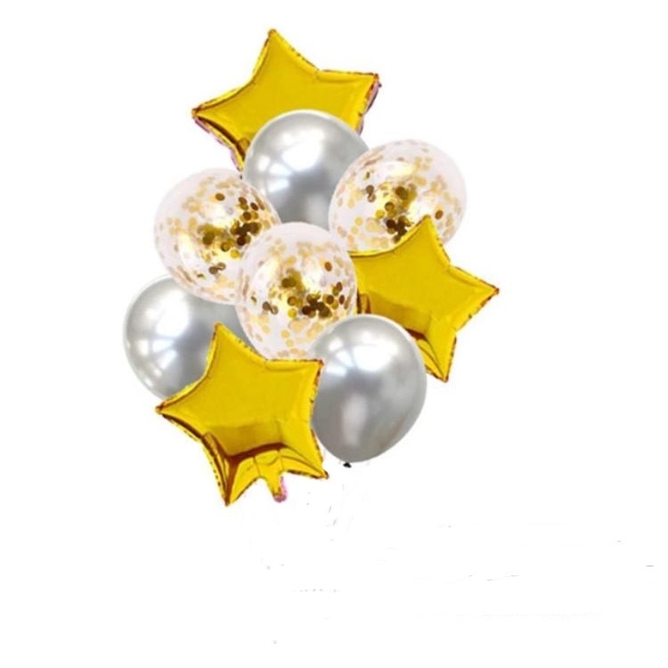 Buchet de 9 Baloane Folie, Latex 12 inchi Plus Latex Transparent cu Confetti 10 inchi, Culoare Aurie