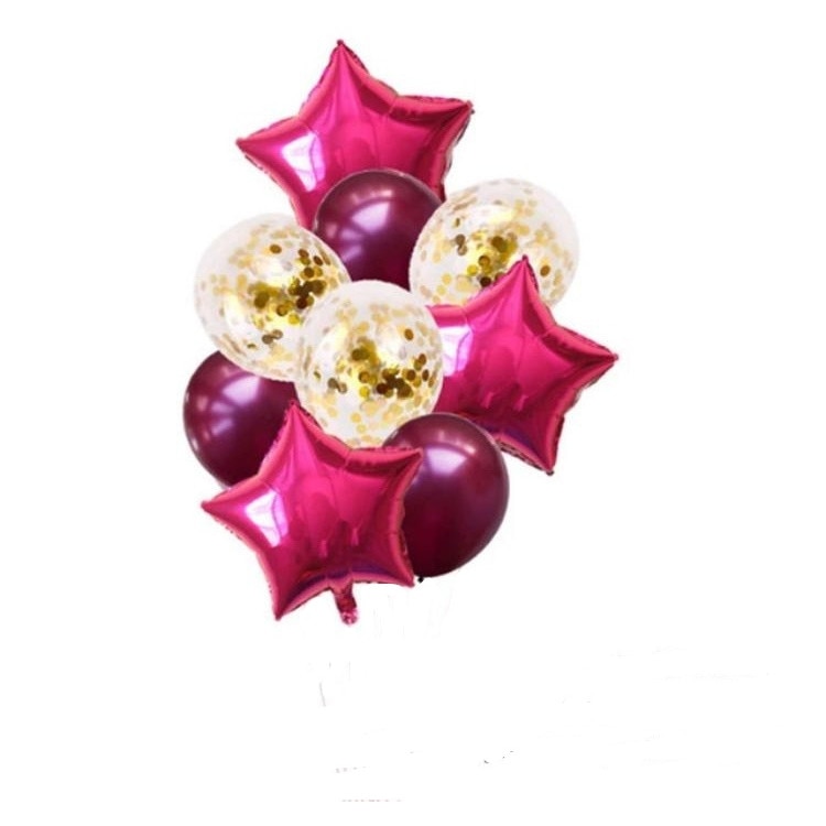 Buchet de 9 Baloane Folie, Latex 12 inchi Plus Latex Transparent cu Confetti 10 inchi, Culoare Visinie