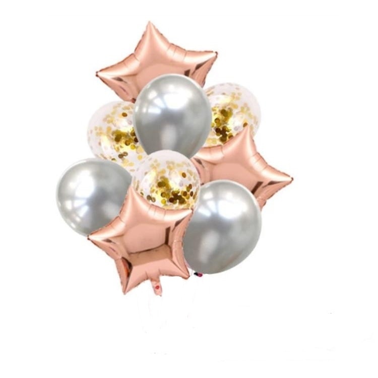 Buchet de 9 Baloane Folie, Latex 12 inchi Plus Latex Transparent cu Confetti 10 inchi, Culoare Rose gold/Argintiu