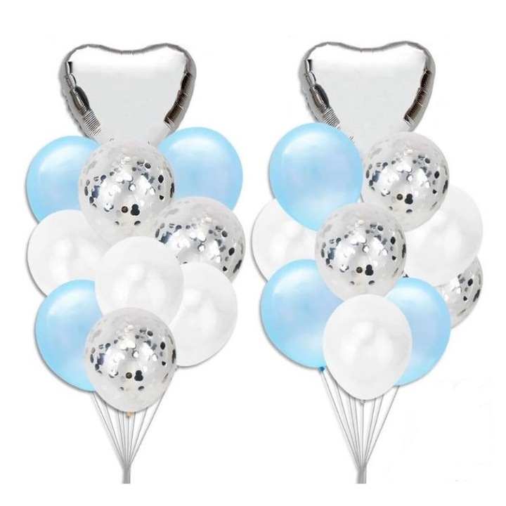 Csokor 20 db 12 hüvelykes latex lufi, átlátszó latex konfettivel 10 hüvelyk, szívfóliás léggömb, plusz raffia, ezüst színű