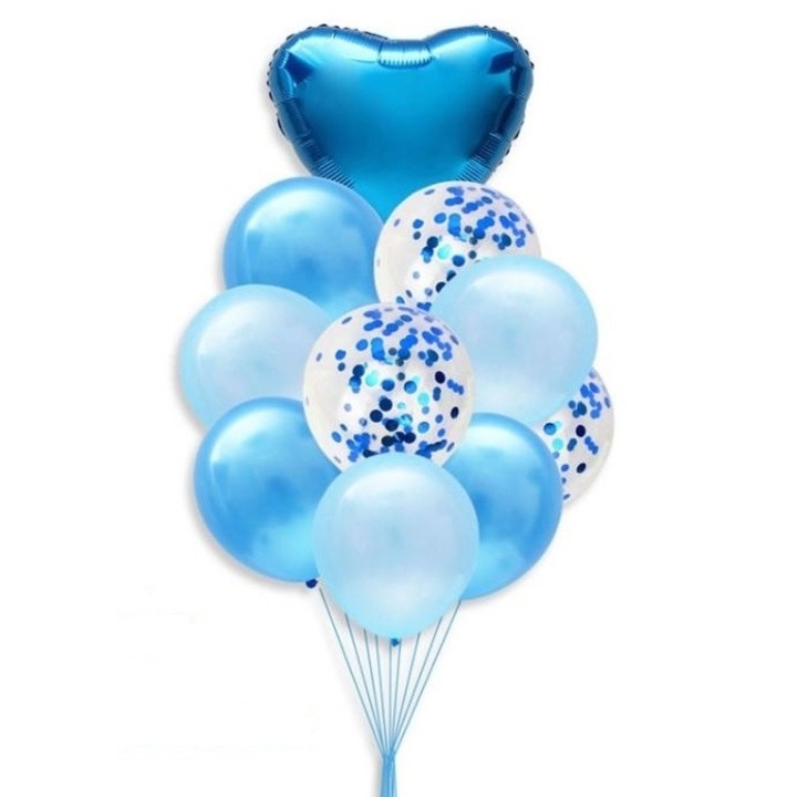 10 db-os 12 hüvelykes latex lufi csokor, átlátszó latex konfettivel 10 hüvelyk, szív fóliás léggömb, plusz raffia, kék színű
