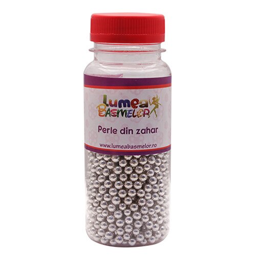 Perle din zahar argint metalizat, 5mm, 130g - Lumea Basmelor