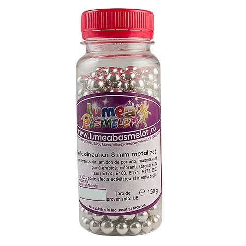Perle din zahar argint metalizat, 8mm, 130g - Lumea Basmelor