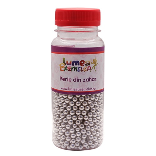Perle din zahar argint metalizat, 3mm, 130g - Lumea Basmelor