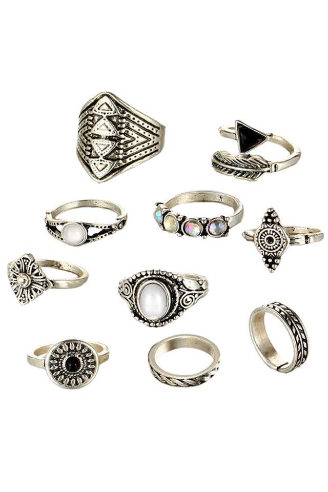 Set 10 inele midi, model floral geometric, cristale multicolore si margele, Argintiu