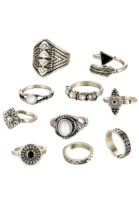 Set 10 inele midi, model floral geometric, cristale multicolore si margele, Argintiu