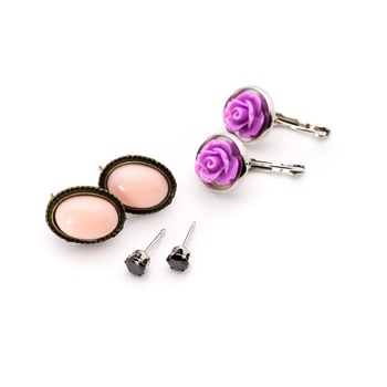 Set cercei, Eurozone, 3 perechi, 1pereche roz pal, 1 pereche mov si 1 pereche cu stras Zirconia negru Set cercei, Eurozone, 3 perechi, 1pereche roz pal, 1 pereche mov si 1 pereche cu stras Zirconia negru